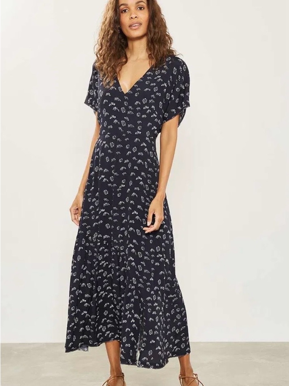 Mint Velvet Boho Flowy Fit Flare Short Sleeve Navy Maxi Dress US 14 - Picture 4 of 14